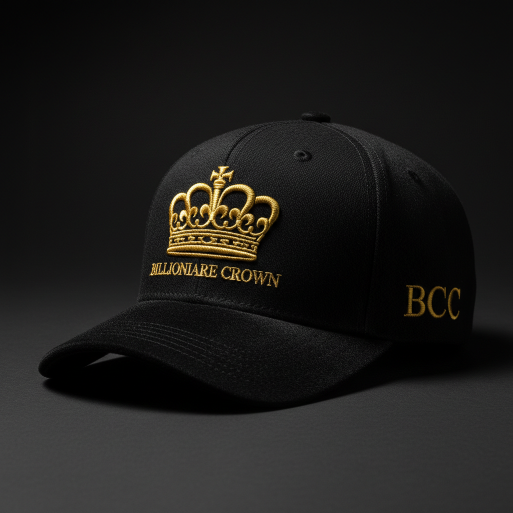 Billionaire Crown Circle Premium Black Wool Cap with Gold Crown Embroidery and Velvet Brim