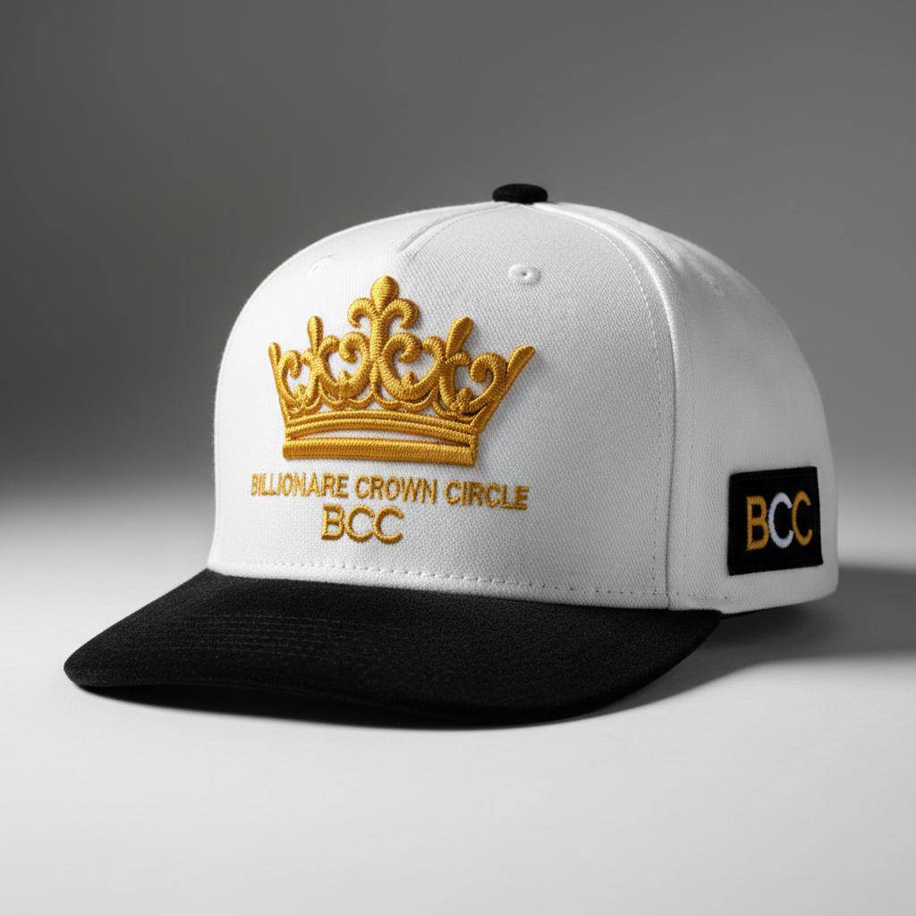 Billionaire Crown Circle Premium White Wool Cap with Gold Crown Embroidery and Black Velvet Brim