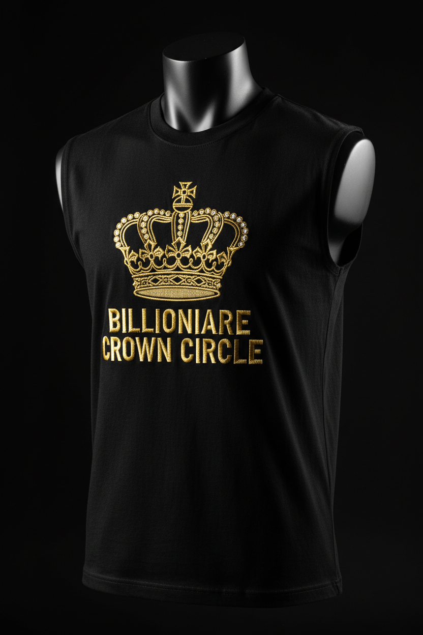 Billionaire Crown Circle Muscle Tee — Black & Gold HD ghost mannequin